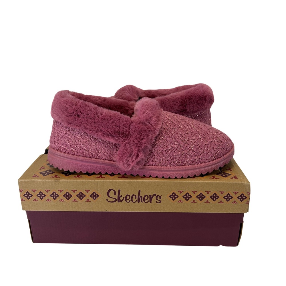 Skechers Cozy Lite Sweet Walk Mauve Sparkle Faux Fur Slippers Wide Fit Size 10